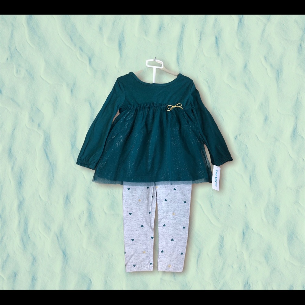 Carter’s Long Sleeve Top and Bottom Set, Size 2T, Color Dark Green, Gray, Gold